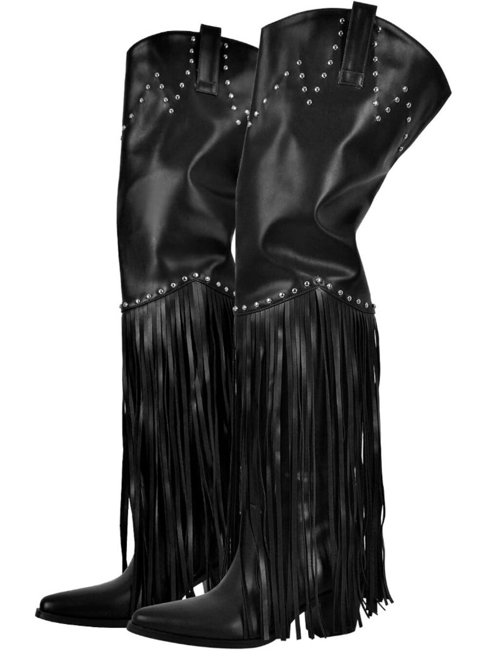 Women's Black Fringe Over Knee Thigh High Western Wide Calf Cowboy Boots